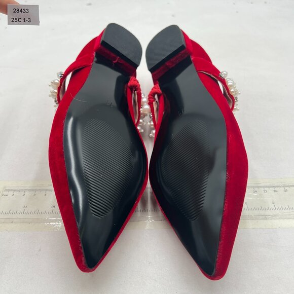 XYD Red Pointed Toe Velvet Flats Pearl Strap Beaded Mary Jane Stylish Retro Shoe - Picture 7 of 8